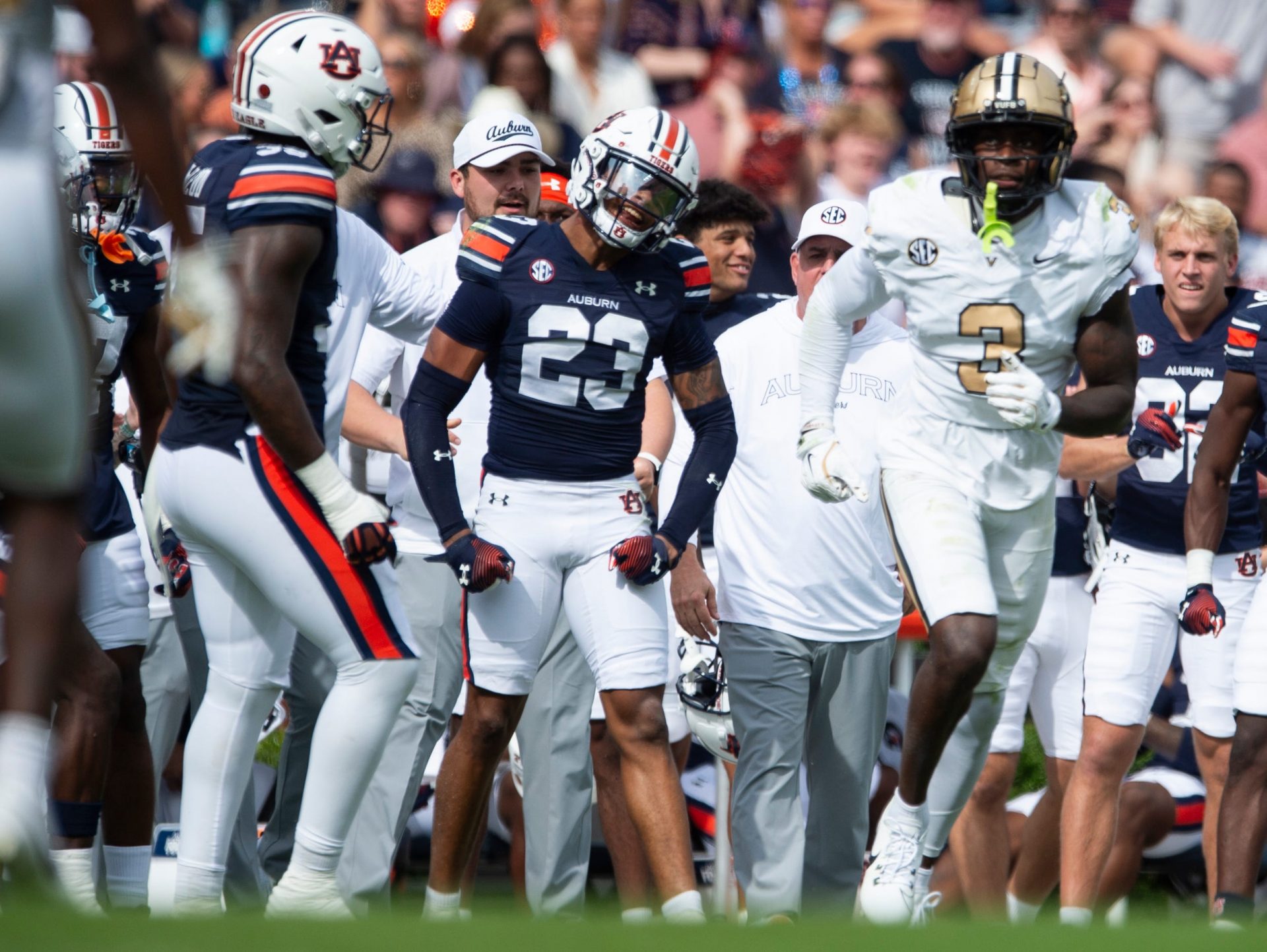Auburn Tigers defensive back Jay Crawford (23) celebrates a pass break up as Auburn Tigers take on Vanderbilt Commodores at Jordan-Hare Stadium in Auburn, Ala., on Saturday, Nov. 2, 2024. Auburn Tigers and Vanderbilt Commodores are tied 7-7 at halftime.