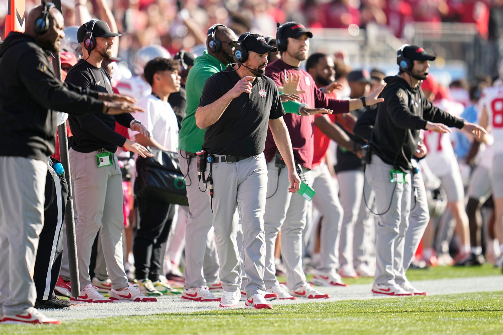 Ohio State Buckeyes head coach Ryan Day watches from the sideline during the first half of the College Football Playoff quarterfinal against the Oregon Ducks at the Rose Bowl in Pasadena, Calif. on Jan. 1, 2025.