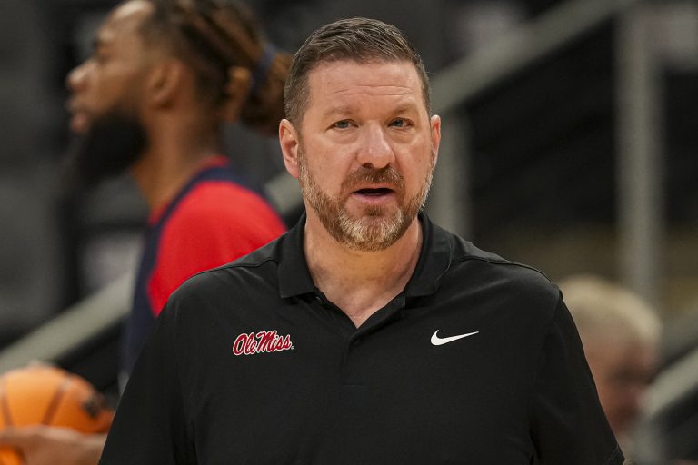 Mississippi Rebels head coach Chris Beard on the court during practice at State Farm Arena.