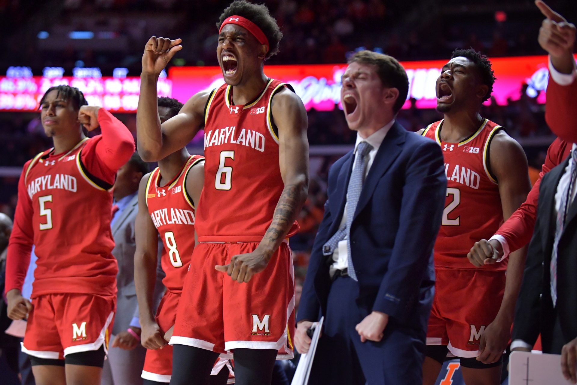 Maryland Terrapins forward Tafara Gapare (6) and teammates cheer on their team on the court during the second half against the Illinois Fighting Illini at State Farm Center.