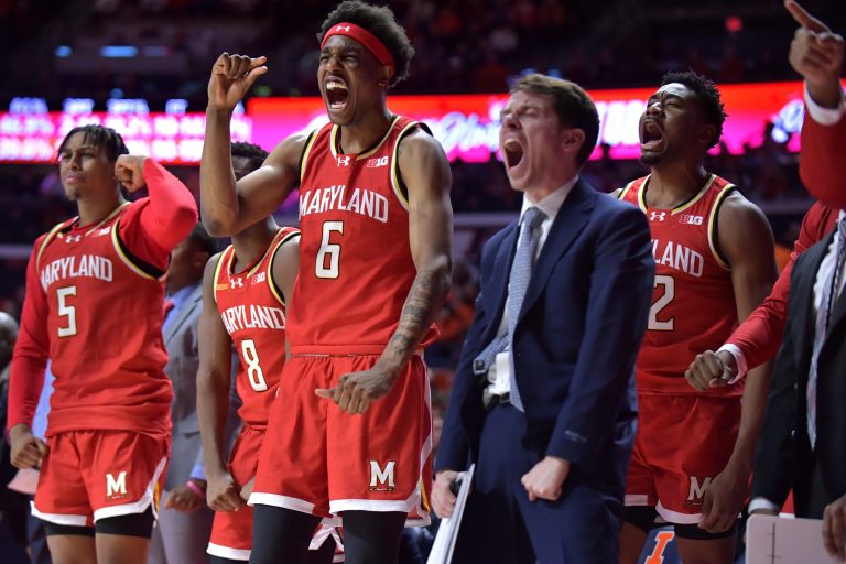 Maryland Terrapins forward Tafara Gapare (6) and teammates cheer on their team on the court during the second half against the Illinois Fighting Illini at State Farm Center.