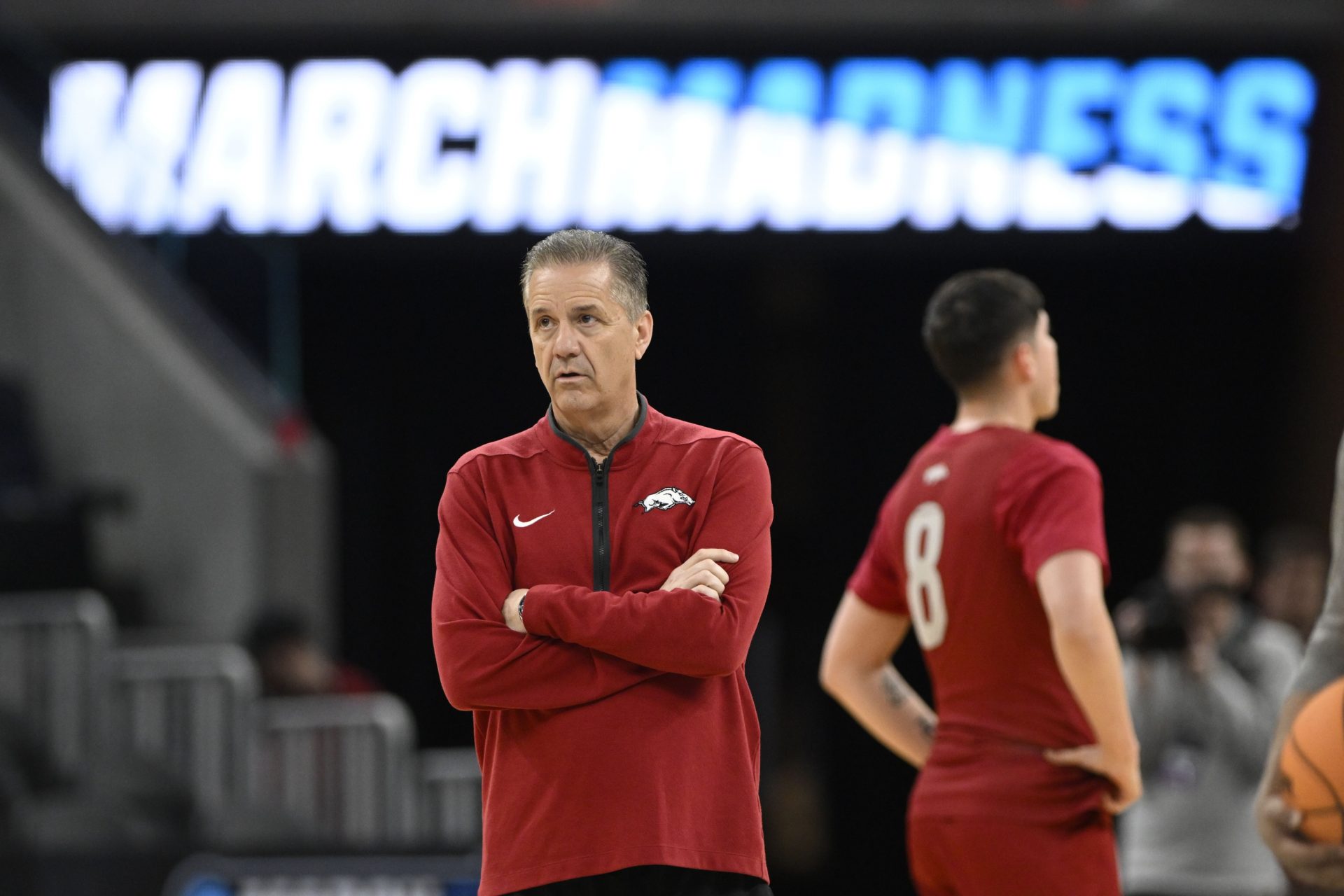 Arkansas Razorbacks head coach John Calipari watches during NCAA Tournament West Regional Practice at Chase Center.