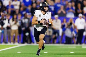 Vanderbilt Commodores quarterback Diego Pavia (2) looks for a receiver against the Kentucky Wildcats during the first quarter at Kroger Field.