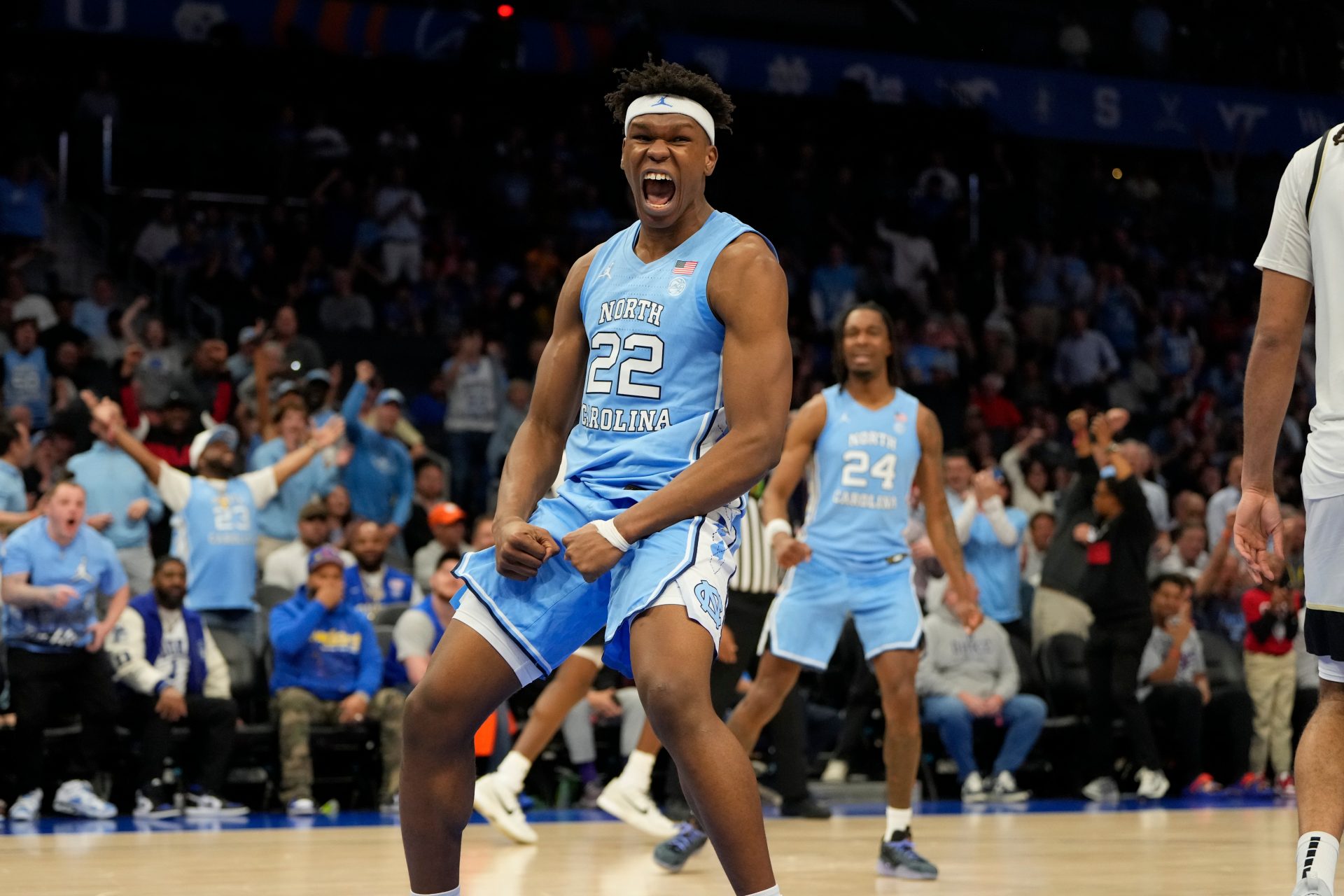 North Carolina Tar Heels forward Ven-Allen Lubin (22) reacts after scoring late in the second half at Spectrum Center.