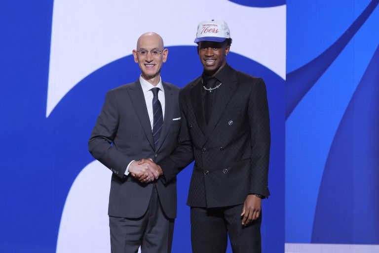 VJ Edgecombe stands with NBA commissioner Adam Silver after being selected as the third pick by the Philadelphia 76ers in the first round of the 2025 NBA Draft at Barclays Center.