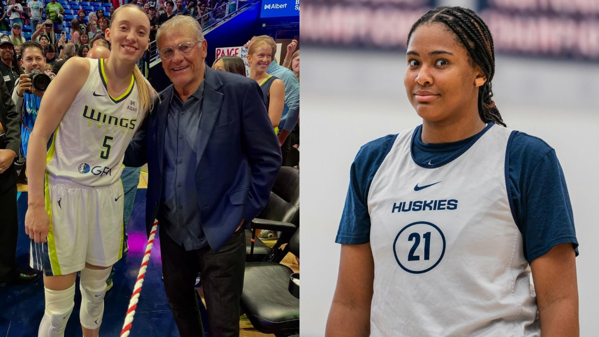 Paige Bueckers with Geno Auriemma; Sarah Strong. Source: Instagram/@uconnwbb