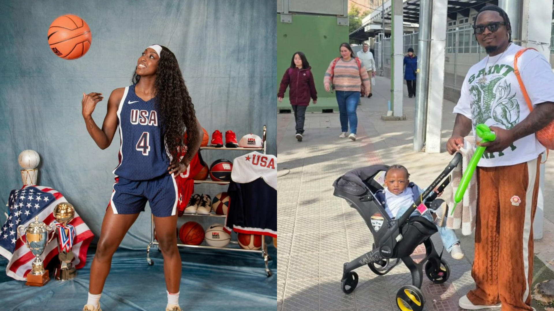 Flau'jae Johnson pose for a photograph while wearing her Team USA jersey; Ameen Brooks with his son during their trip to Chile. Source: Instagram/@flaujae, Instagram/@ameen_82