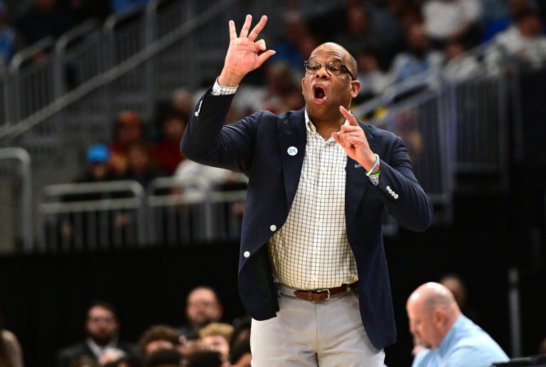 North Carolina Tar Heels head coach Hubert Davis during the first half of a first round NCAA men’s tournament game against the Mississippi Rebels at Fiserv Forum.