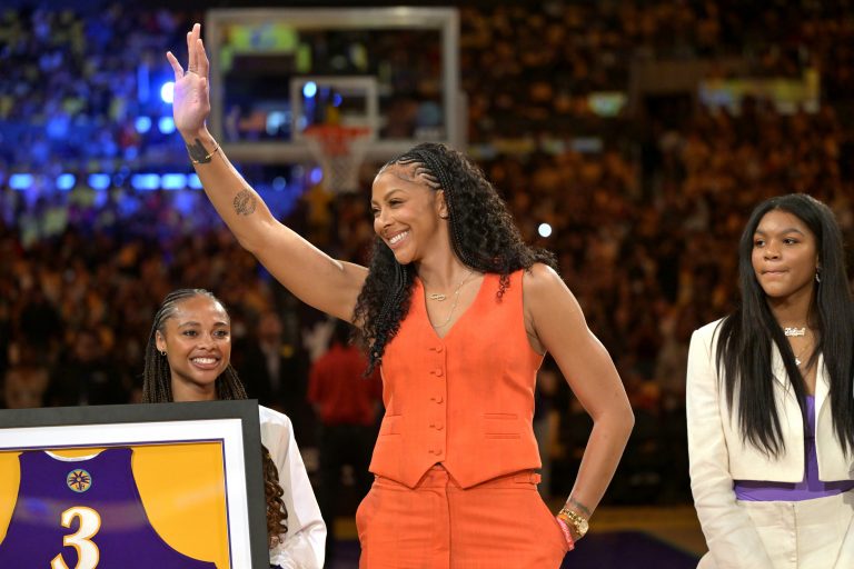 Former Los Angeles Sparks Candace Parker acknowledges the crowd during a  jersey retirement ceremony at halftime at Crypto.com Arena.