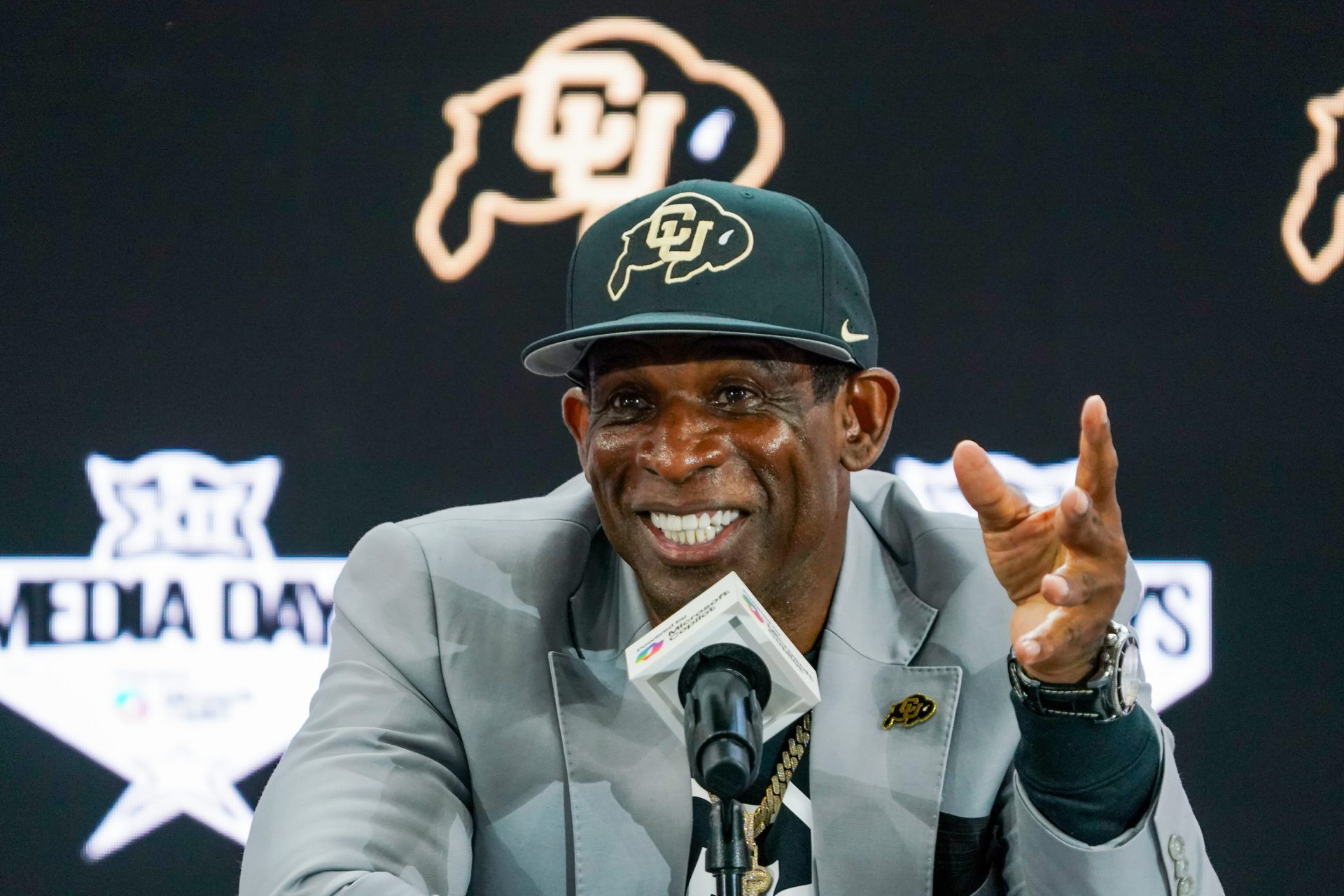 Colorado head coach Deion Sanders speaks with the media during 2025 Big 12 Football Media Days at The Star.