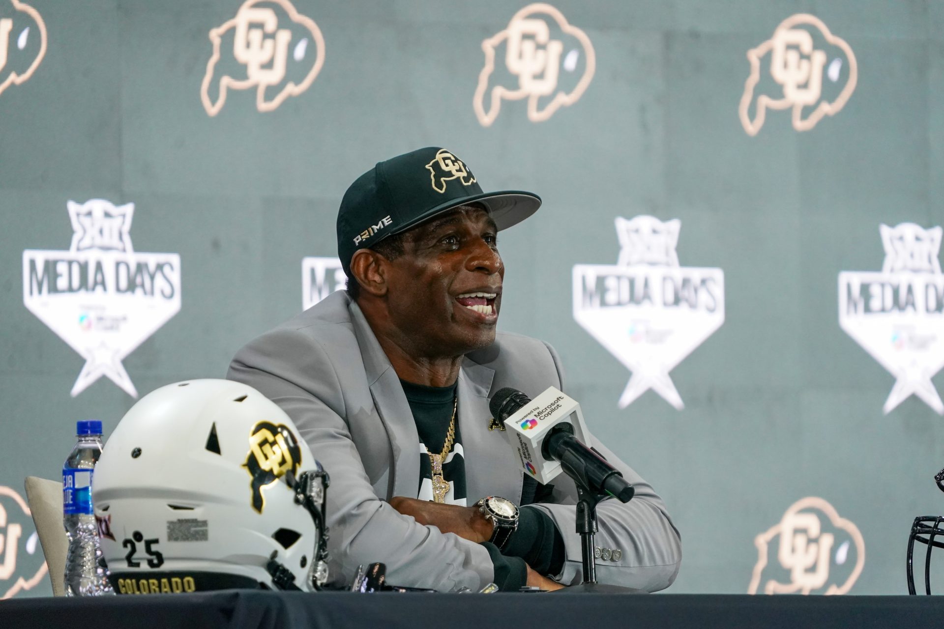 Colorado head coach Deion Sanders speaks with the media during 2025 Big 12 Football Media Days at The Star.
