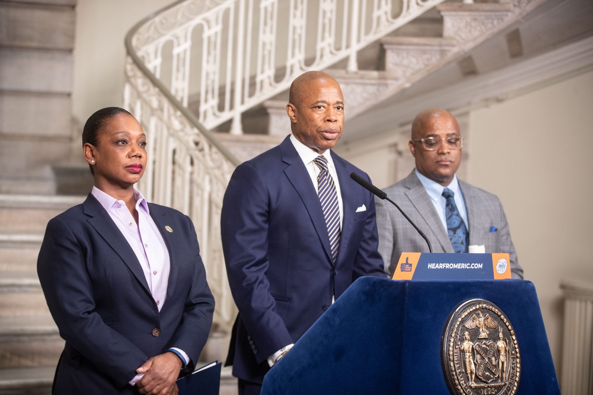 New York City Mayor Eric Adams, Police Commissioner Keechant Sewell, and Deputy Mayor Philip Banks discuss security measures in place for the arraignment of former President Donald Trump on Tuesday during a press conference at City Hall April 3, 2022.

Xxx Sh040323trumpindictment001a Jpg