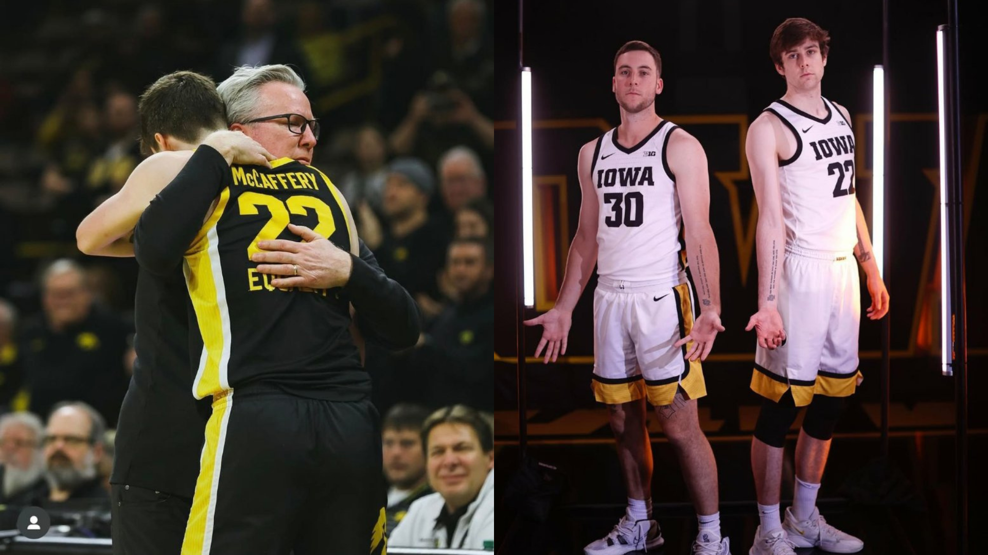 Fran McCaffery hugs his son Patrick McCaffery during an Iowa game; Connor McCaffery and Patrick McCaffery. Source: https://www.instagram.com/p/Cl7vB5lsoj4/?igsh=dHZjaGs3bjJlemtl, https://www.instagram.com/p/CV5p-zKrjpg/?igsh=MXVpcXBndWpraDY3Yw==