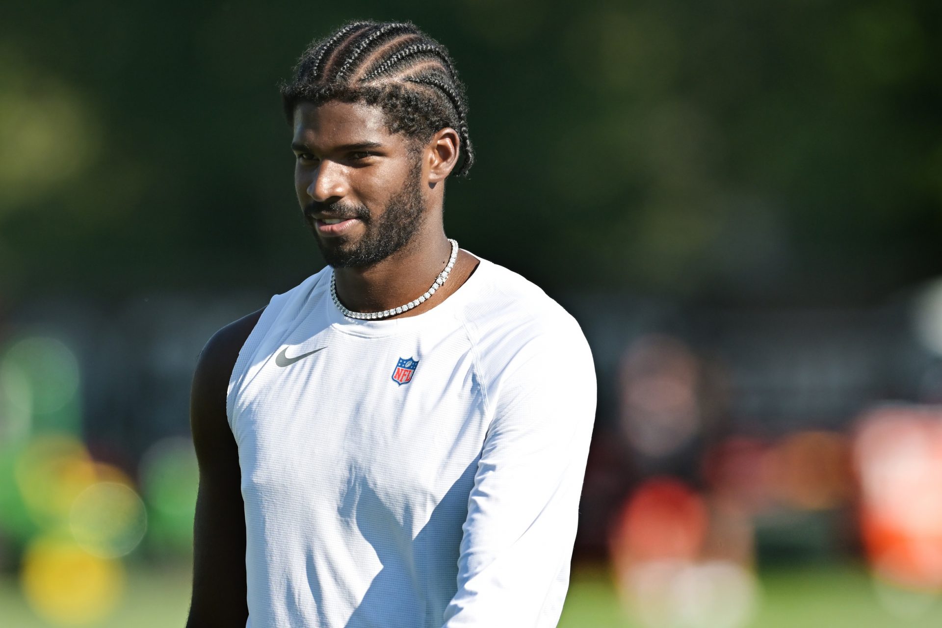 Cleveland Browns quarterback Shedeur Sanders (12) walks off the field during training camp at CrossCountry Mortgage Campus.
