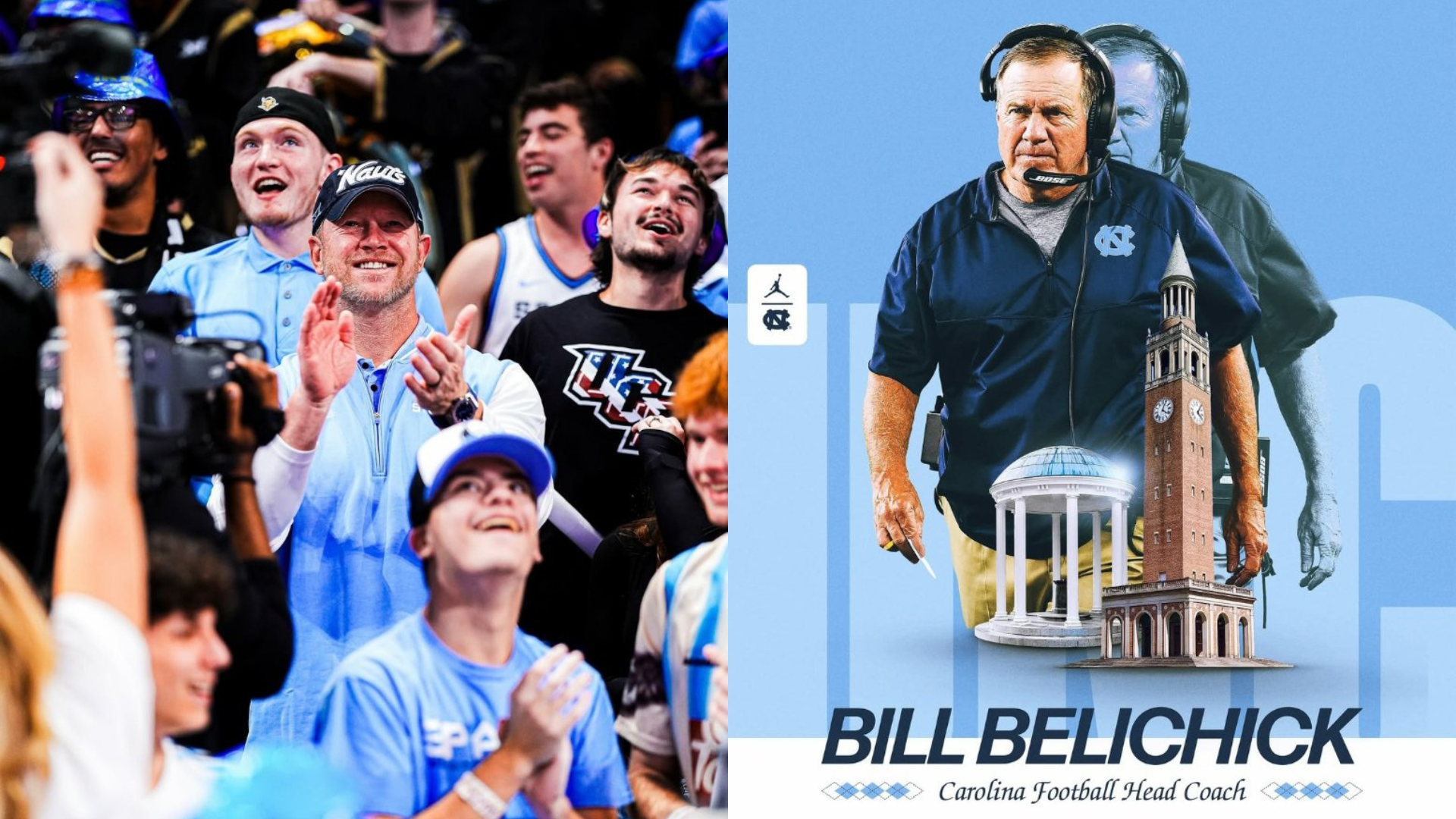 Scott Frost cheers on the UCF Knights; North Carolina announces Bill Belichick as its next coach on Instagram. Source: Instagram/@ucf.football, Instagram/@uncfootball