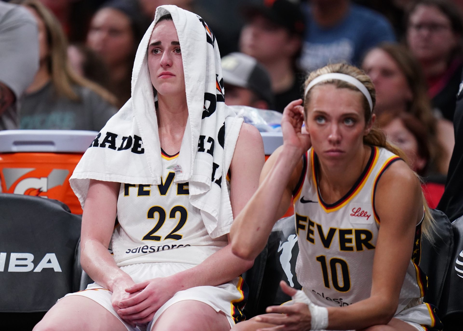 Indiana Fever guard Caitlin Clark (22) reacts on the bench after a play against the Connecticut Sun in the second half at TD Garden.