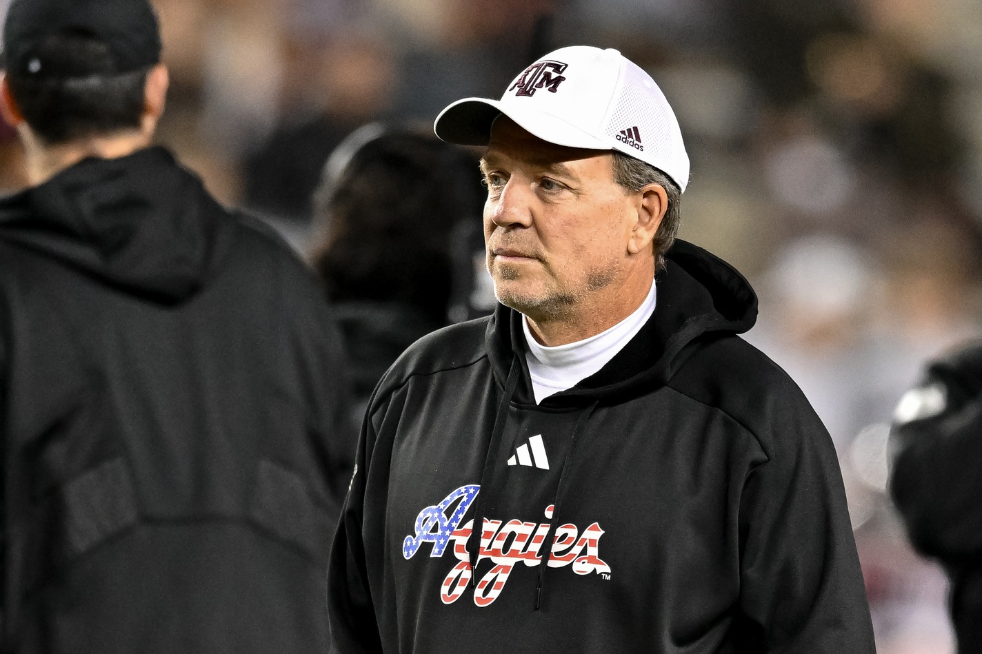 Texas A&M Aggies head coach Jimbo Fisher looks on during warm ups prior to the game against the Mississippi State Bulldogs at Kyle Field.