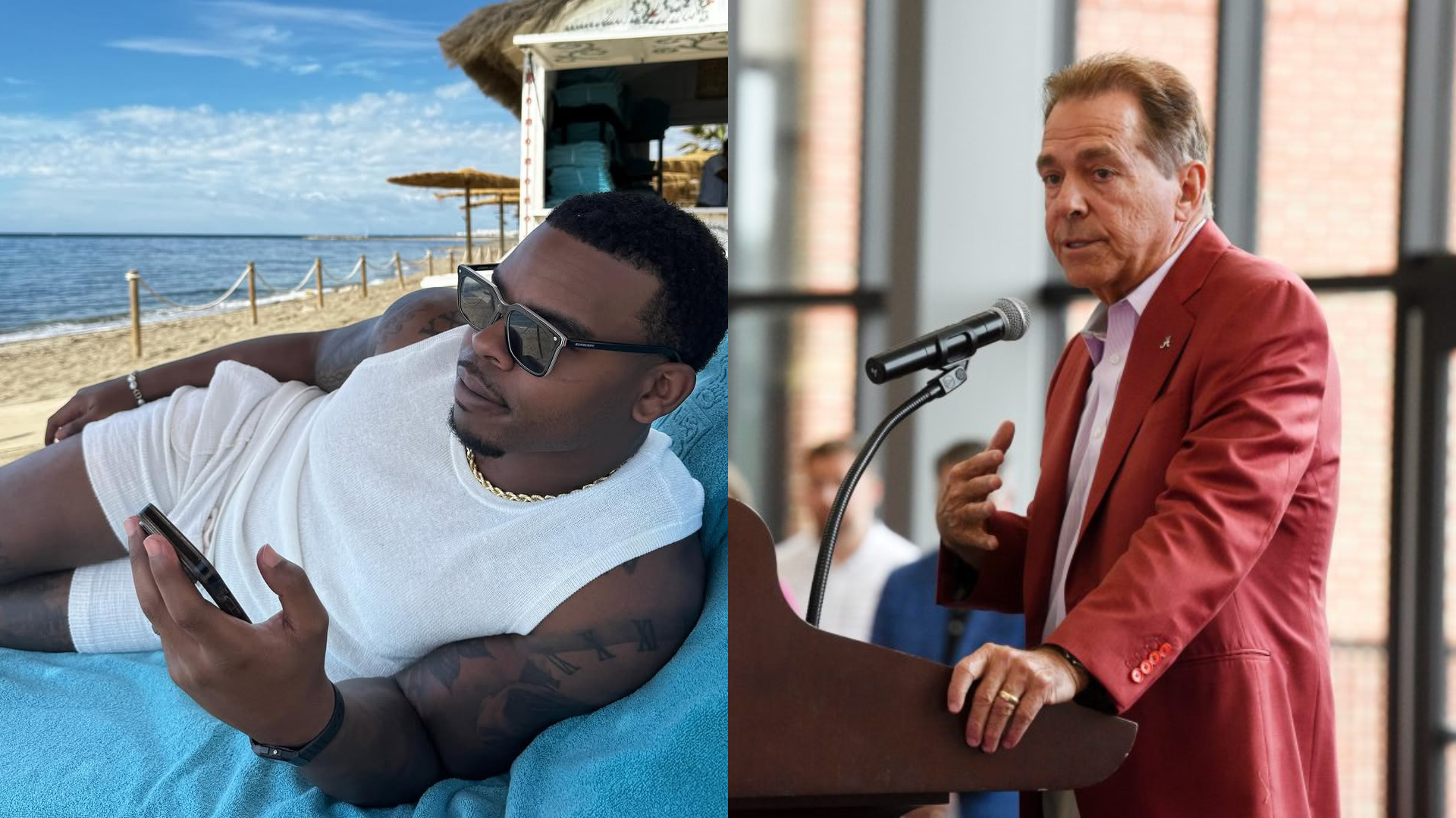 Damien Harris and Nick Saban. - Source: https://www.instagram.com/p/DJscTiRxDA8/?hl=en&img_index=1, Imagn