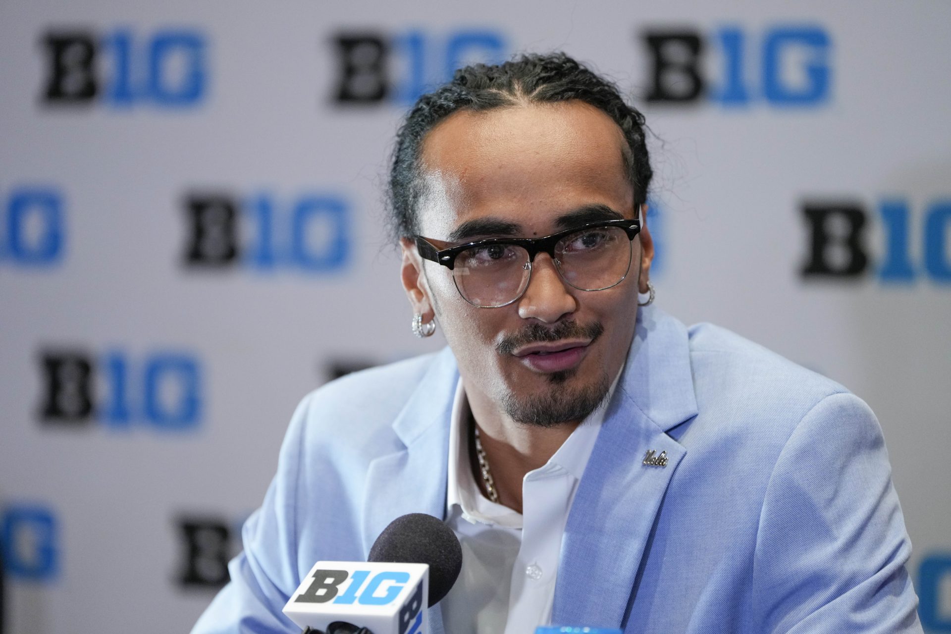 UCLA quarterback Nico Iamaleava speaks to the media during the Big Ten NCAA college football media days at Mandalay Bay Resort.