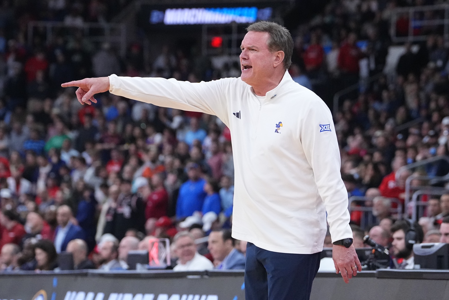 Kansas Jayhawks head coach Bill Self reacts during the second half against the Arkansas Razorbacks at Amica Mutual Pavilion.
