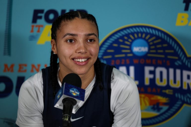 UConn Huskies guard Azzi Fudd (35) talks to media before the NCAA Woman’s Final practice at Amalie Arena.