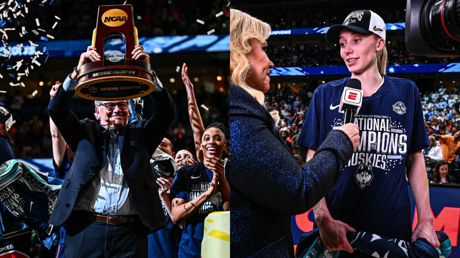 Geno Auriemma and Paige Bueckers celebrate after the UConn Huskies won the 2025 NCAA Tournament. Source: Instagram/@uconnwbb