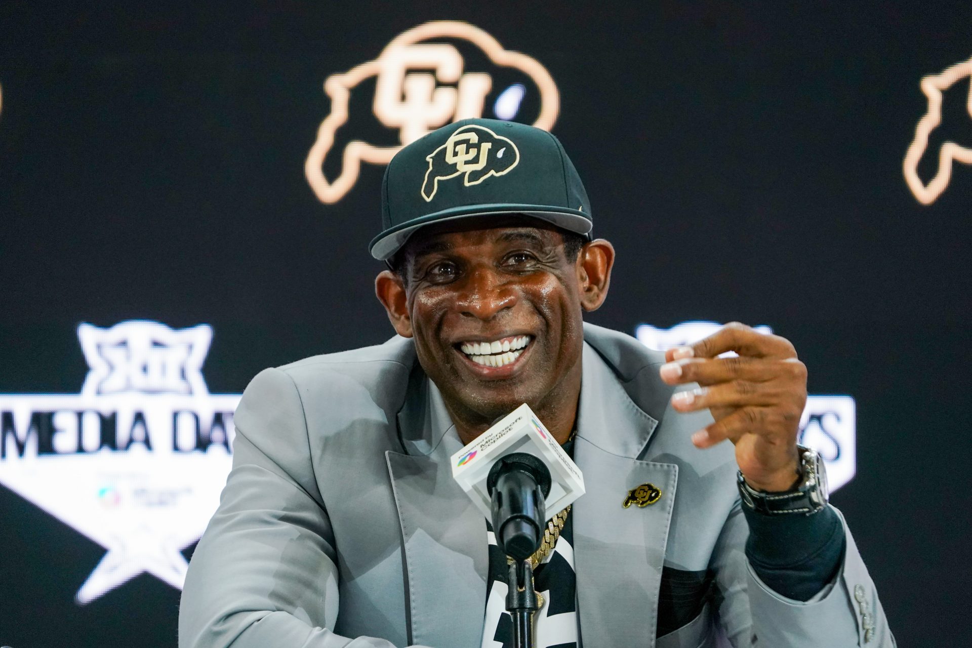 Colorado head coach Deion Sanders speaks with the media during 2025 Big 12 Football Media Days at The Star.