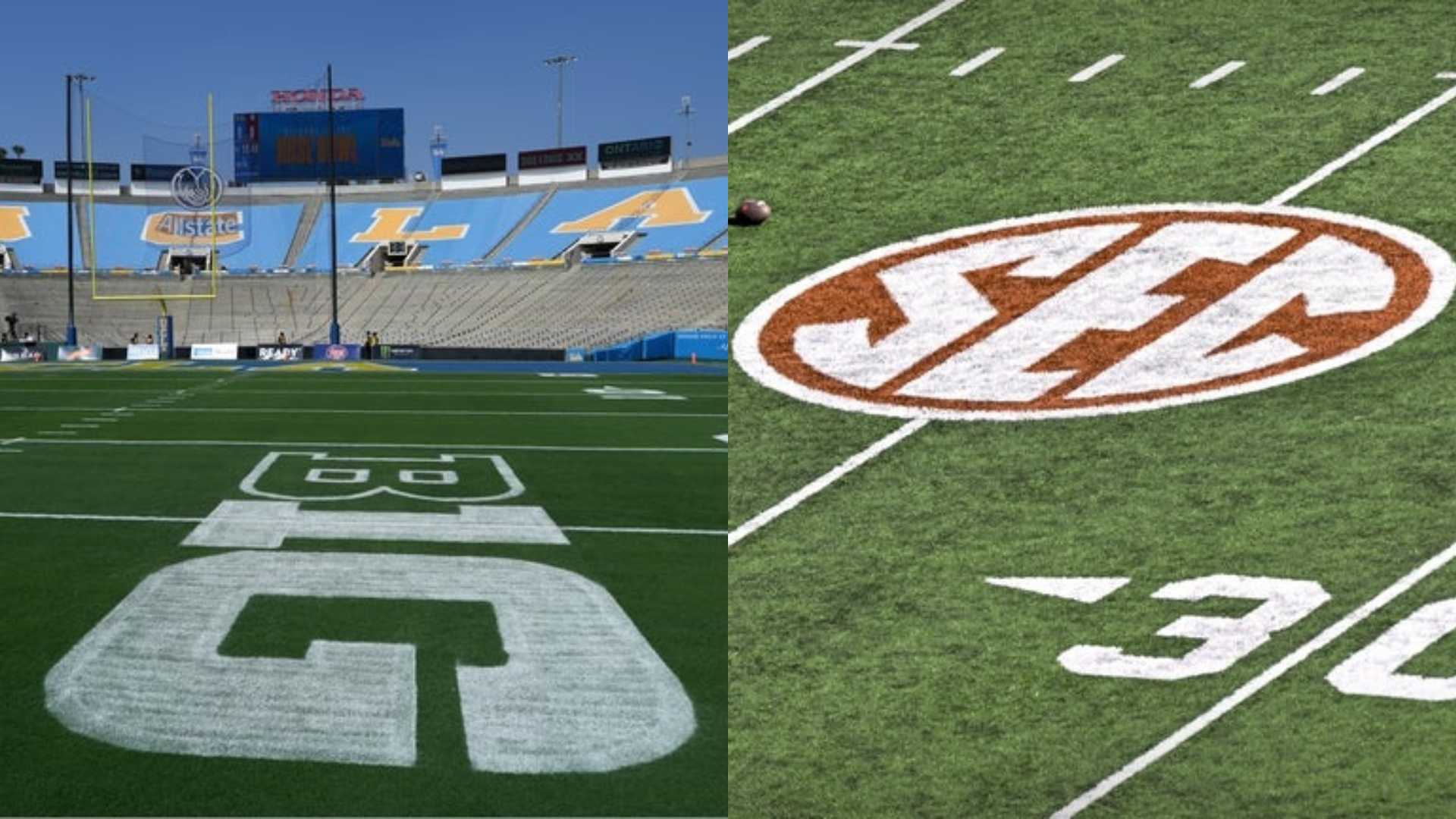 Big Ten and SEC logos are placed on the football fields of UCLA and Texas. Source: Imagn (Kirby Lee, Jerome Miron)