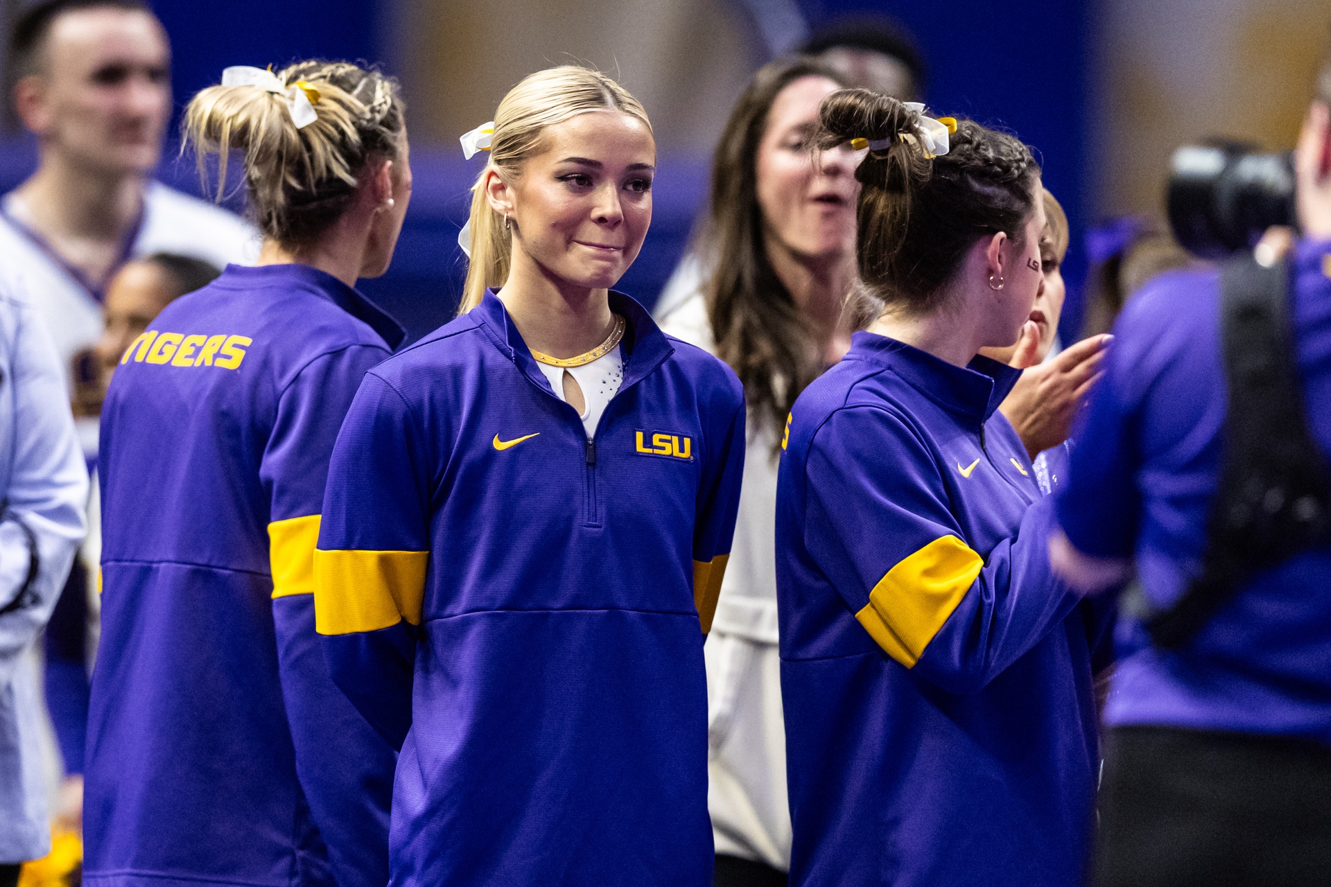 LSU Tigers Olivia Dunne looks on during the meet against the Georgia Bulldogs at Maravich Center.