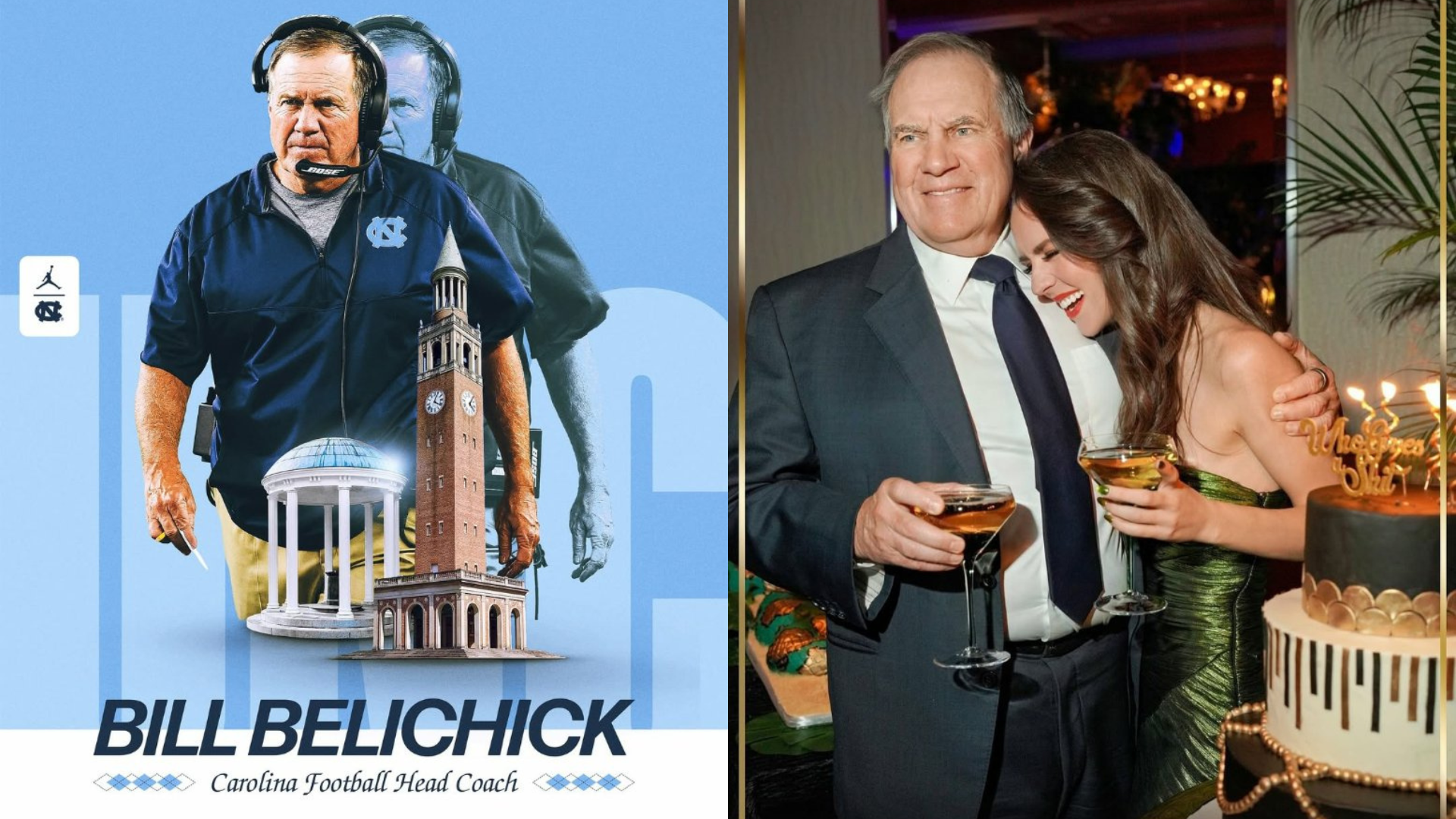 The North Carolina Tar Heels announced on Instagram that Bill Belichick is their new head coach; Belichick with girlfriend Jordon Hudson. Source: Instagram/@billbelichick, Instagram/@jordon