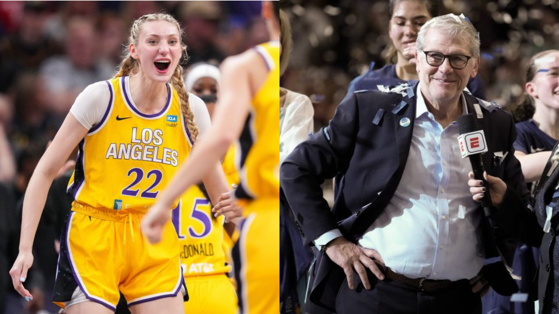 Cameron Brink and Geno Auriemma. - Source: Imagn