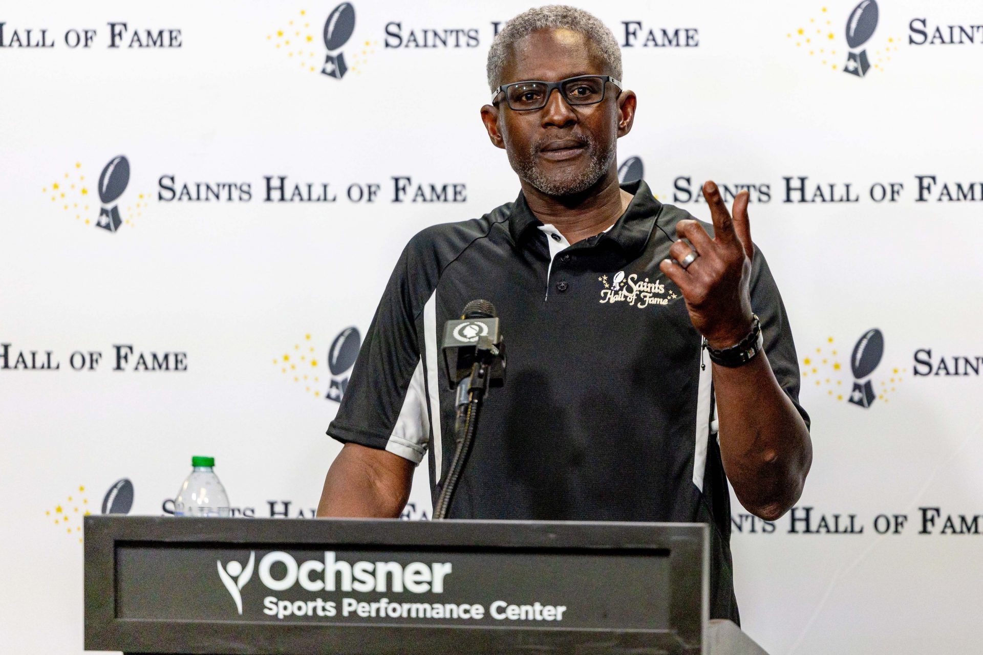 Former New Orleans Saints defensive back Brett Maxie is inducted into the Saints Hall of Fame during the New Orleans Saints Hall of Fame press conference.