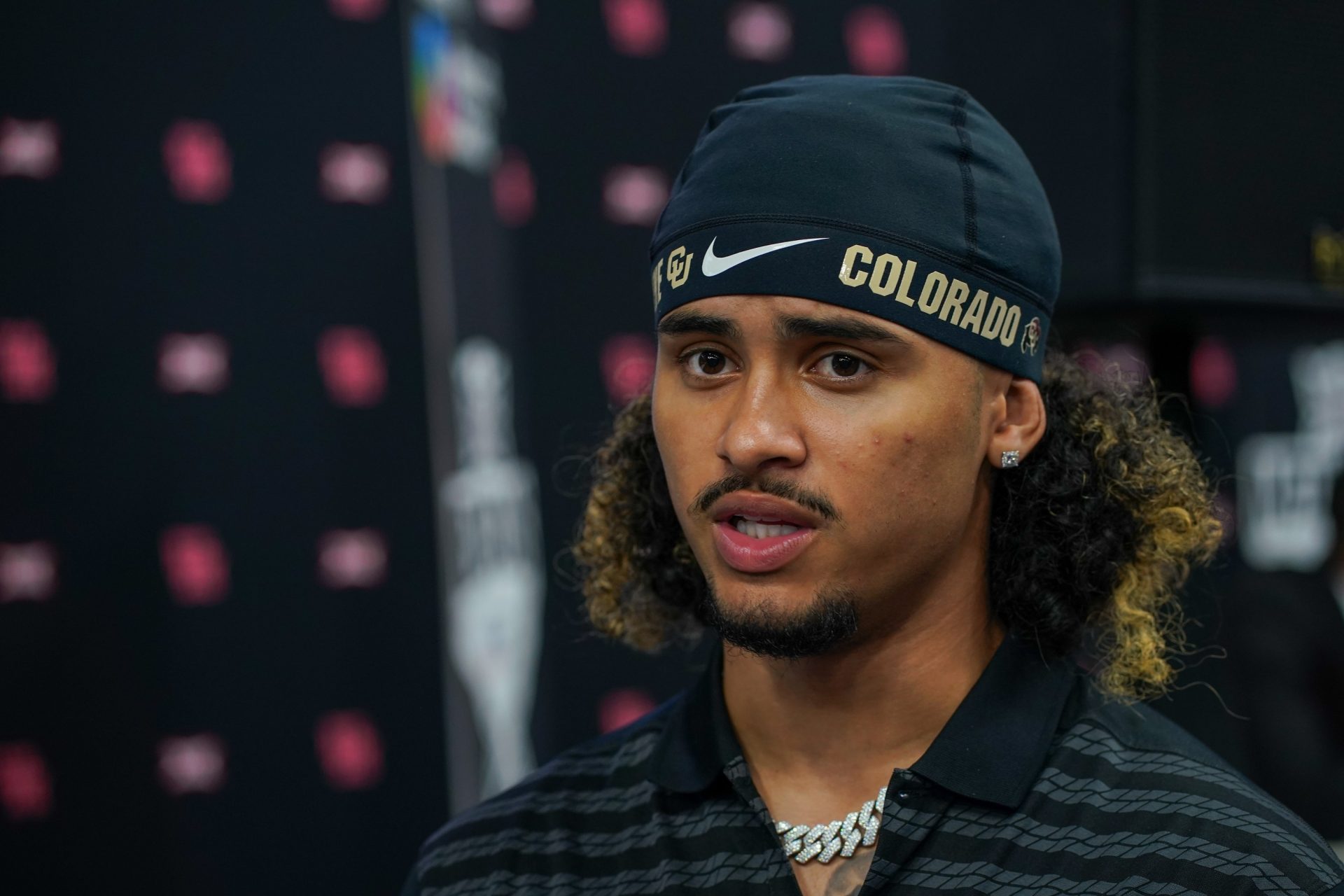 Colorado quarterback Julian Lewis speaks with the media during 2025 Big 12 Football Media Days at The Star.