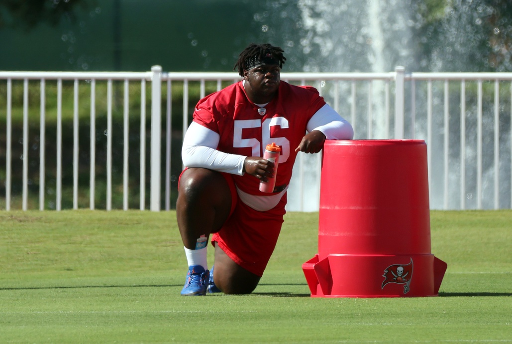 Tampa Bay Buccaneers defensive tackle Desmond Watson (56) works out at One Buc Place.