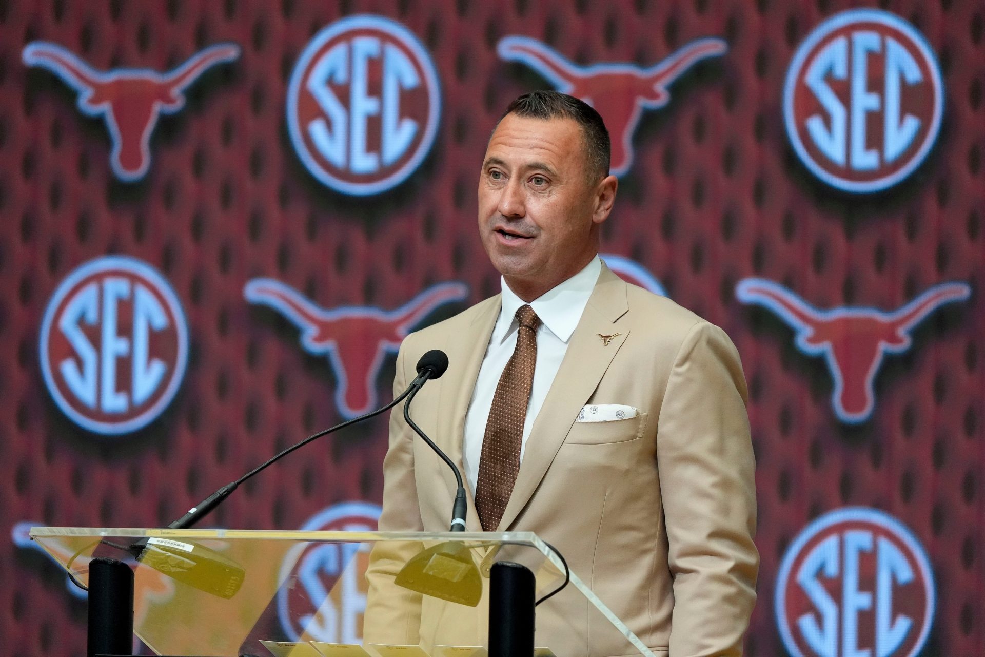Texas head coach Steve Sarkisian speaks during SEC Media Days at the College Football Hall of Fame in Atlanta.