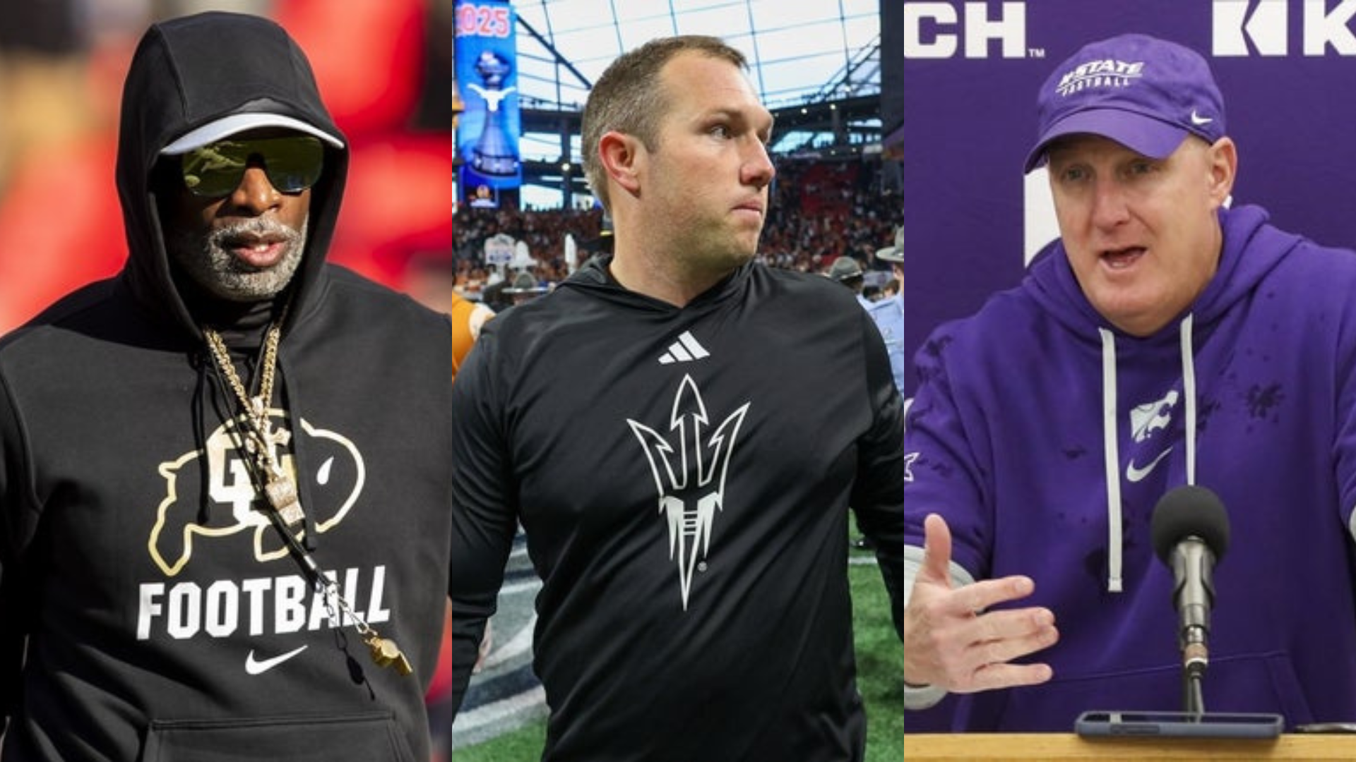 Colorado head coach Deion Sanders, Arizona State head coach Kenny Dillingham and Kansas State head coach Chris Klieman. Source: Imagn (Nick Tre Smith, Brett Davis, Ben Queen)