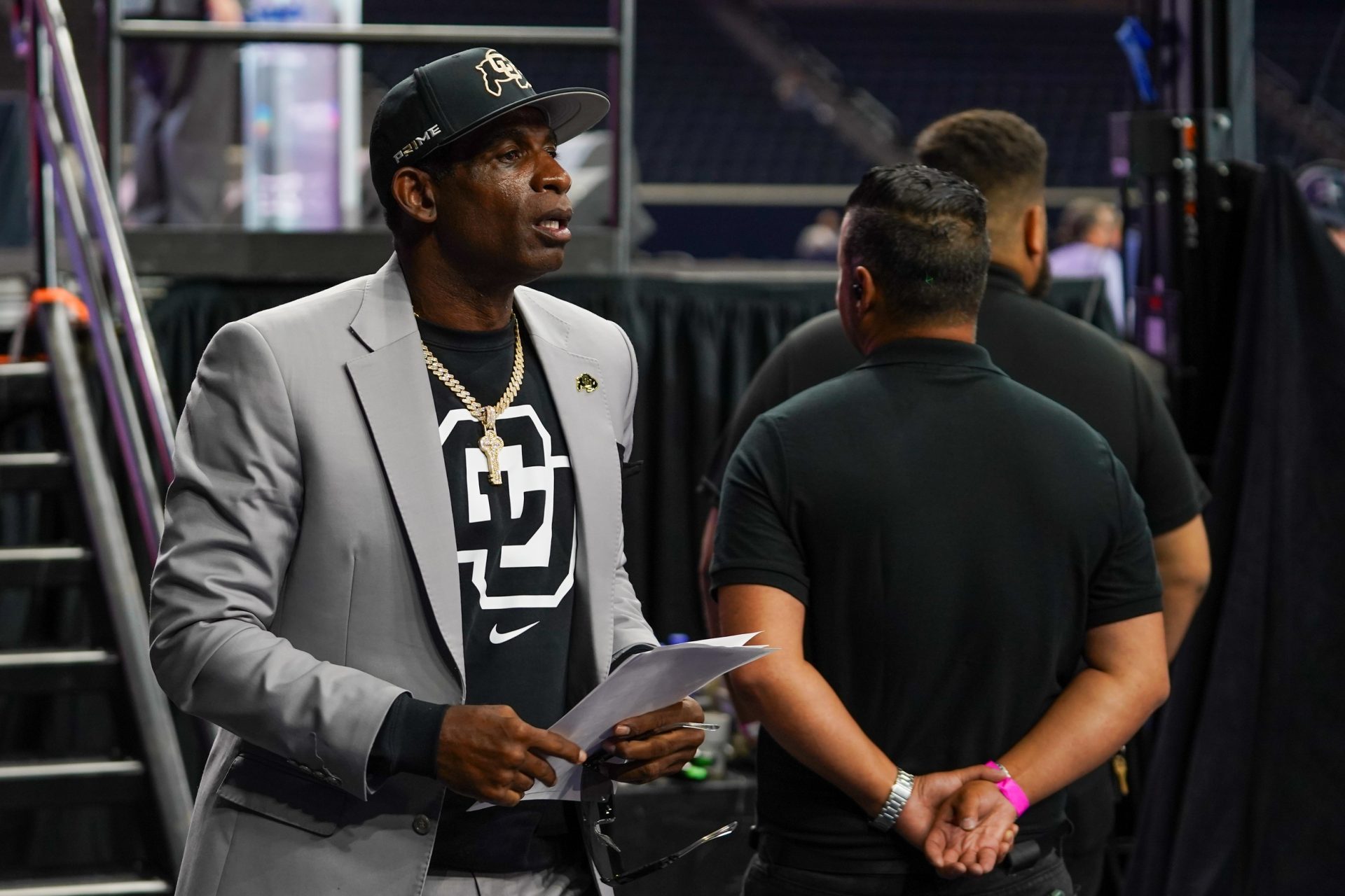 Colorado head coach Deion Sanders leaves the stage after speaking with the media during 2025 Big 12 Football Media Days at The Star.