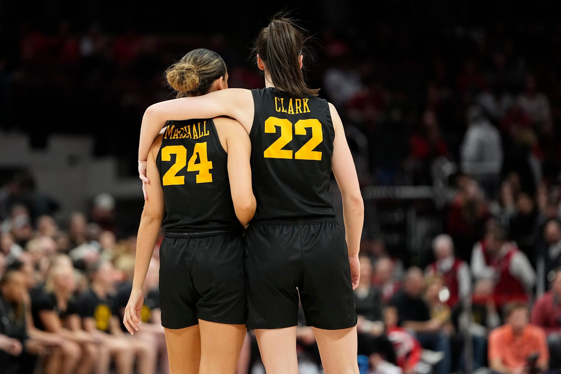 Iowa Hawkeyes guard Caitlin Clark (22) puts her arm around guard Gabbie Marshall (24) din the final seconds of the second half of the NCAA women's basketball game against the Ohio State Buckeyes at Value City Arena. Ohio State lost 83-72. Mandatory Credit: Adam Cairns-The Columbus Dispatch

Basketball Ceb Wbk Iowa Iowa At Ohio State