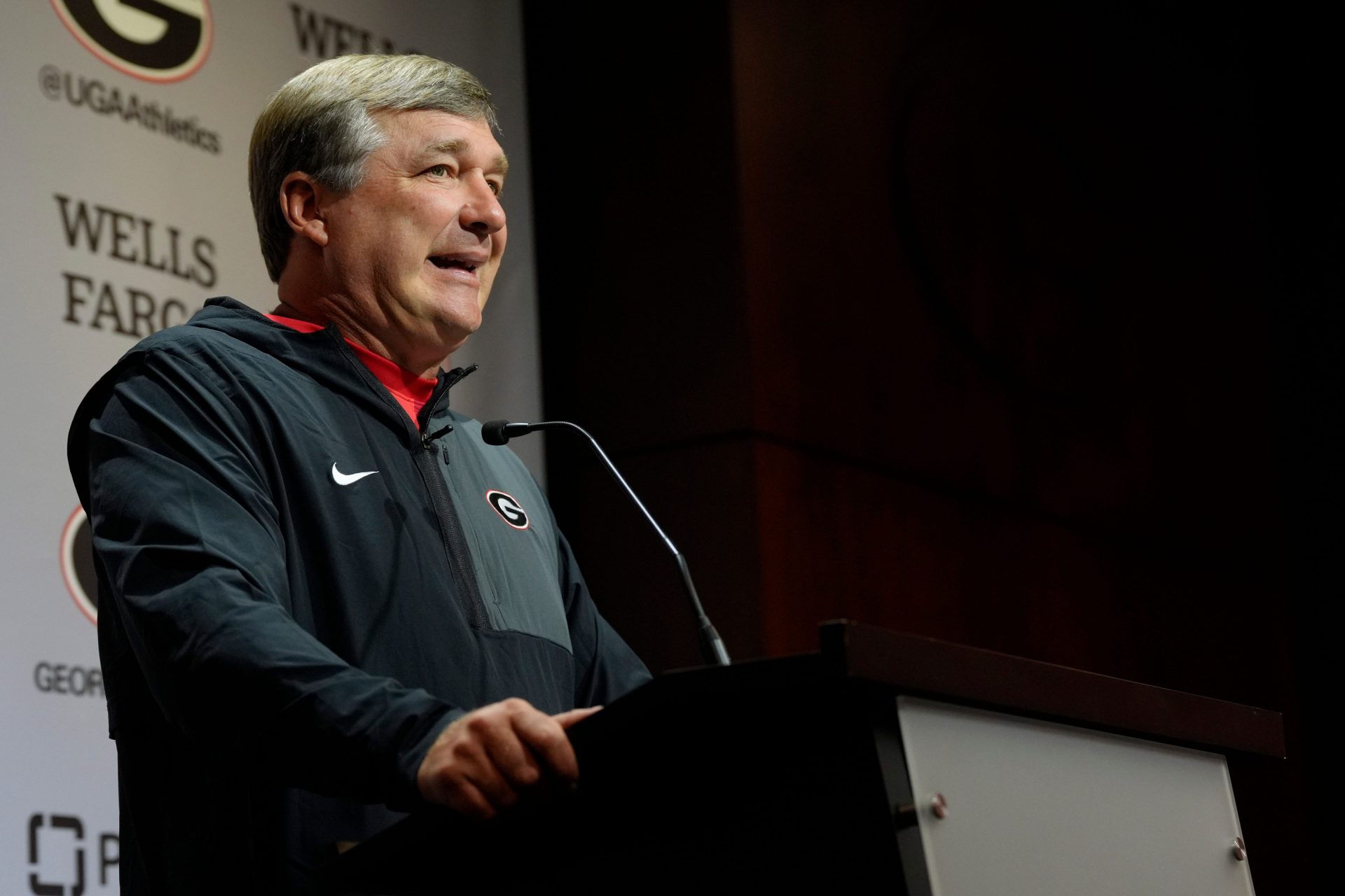 Georgia coach Kirby Smart speaks to the media on the first day of fall practice in Athens, Georgia, on Thursday, July 31, 2025.