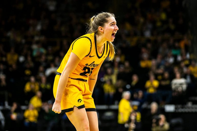 Iowa guard Kate Martin (20) reacts during a NCAA Big Ten Conference women's basketball game against Penn State, Saturday, Jan. 14, 2023, at Carver-Hawkeye Arena in Iowa City, Iowa.