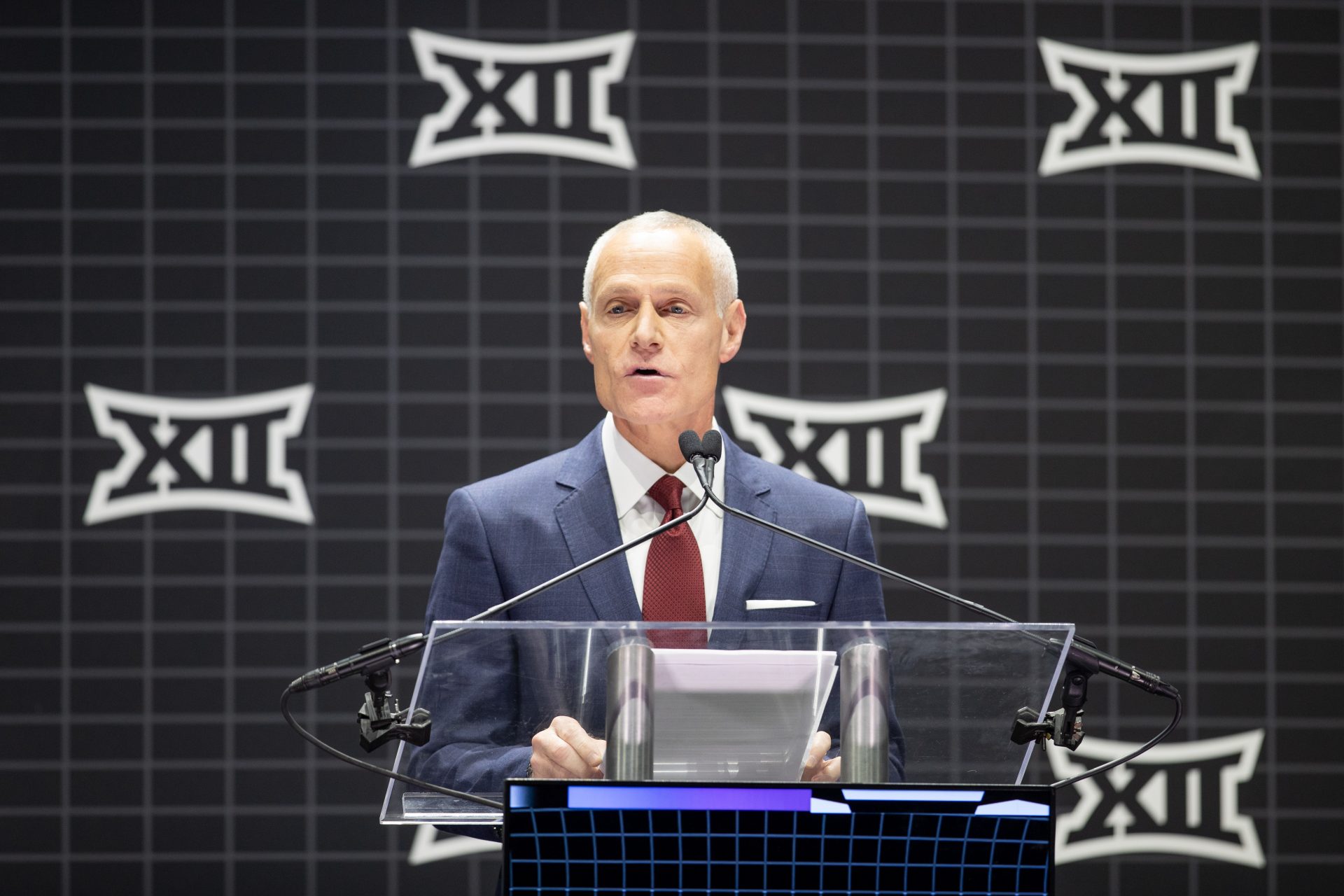 Big 12 commissioner Brett Yormark speaks to the press at the Big 12 Womens Basketball Tipoff at T-Mobile Center.