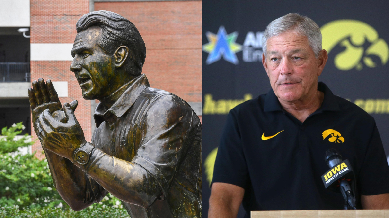 While Alabama has seen Nick Saban turn from coach to statue, veteran Kirk Ferentz is about to start season 27 at Iowa. (Photo Credits: IMAGN)