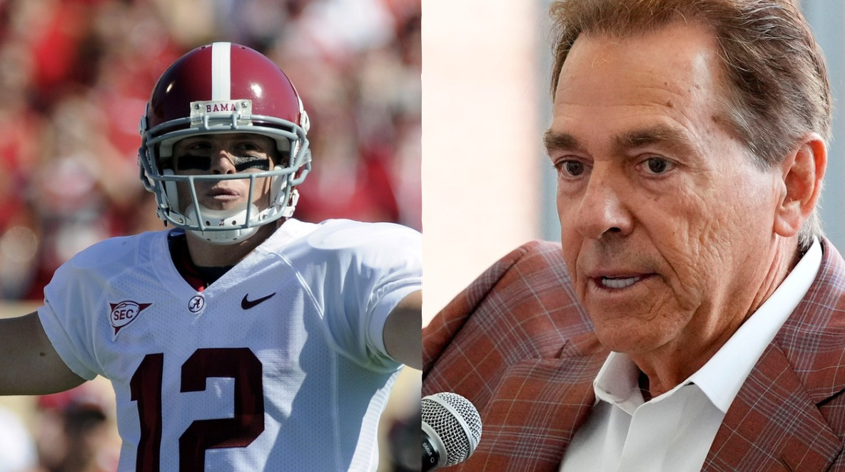 Greg McElroy and Nick Saban (source: Imagn)