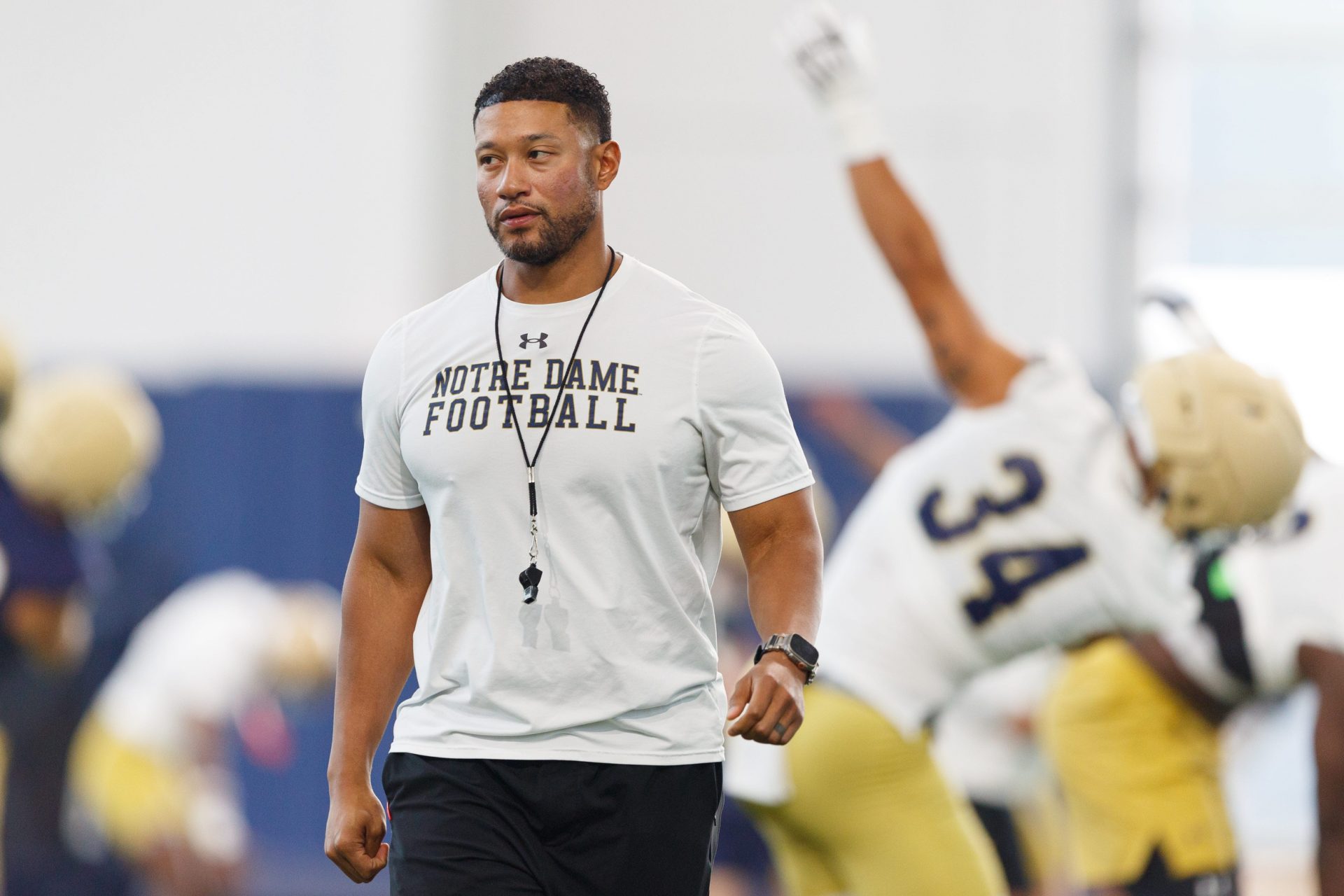 Notre Dame head coach Marcus Freeman during a football practice at Irish Athletic Center on Thursday, July 31, 2025, in South Bend.