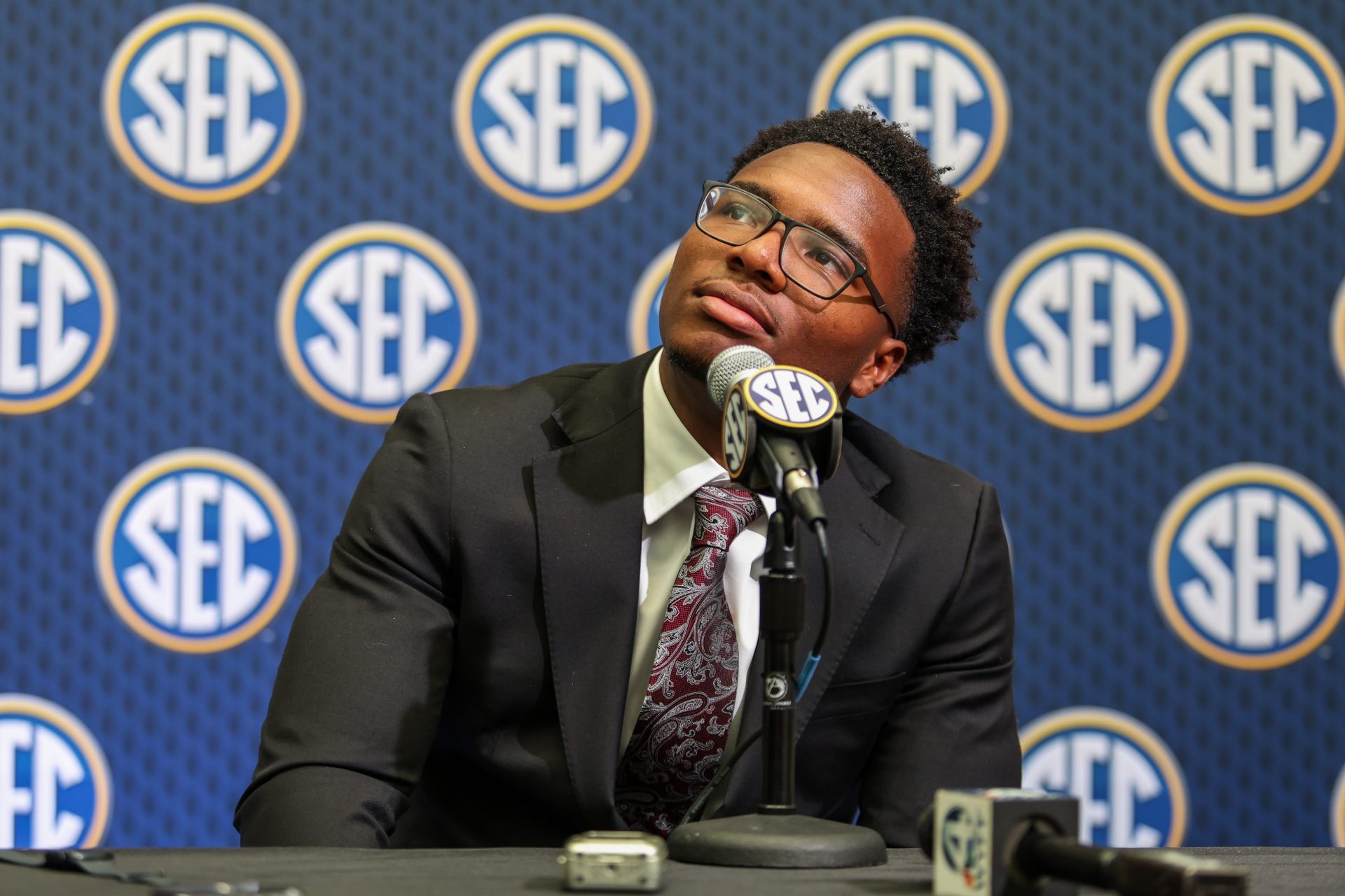 South Carolina Gamecocks quarterback LaNorris Sellers answers media questions during SEC Media Day at Omni Atlanta Hotel.