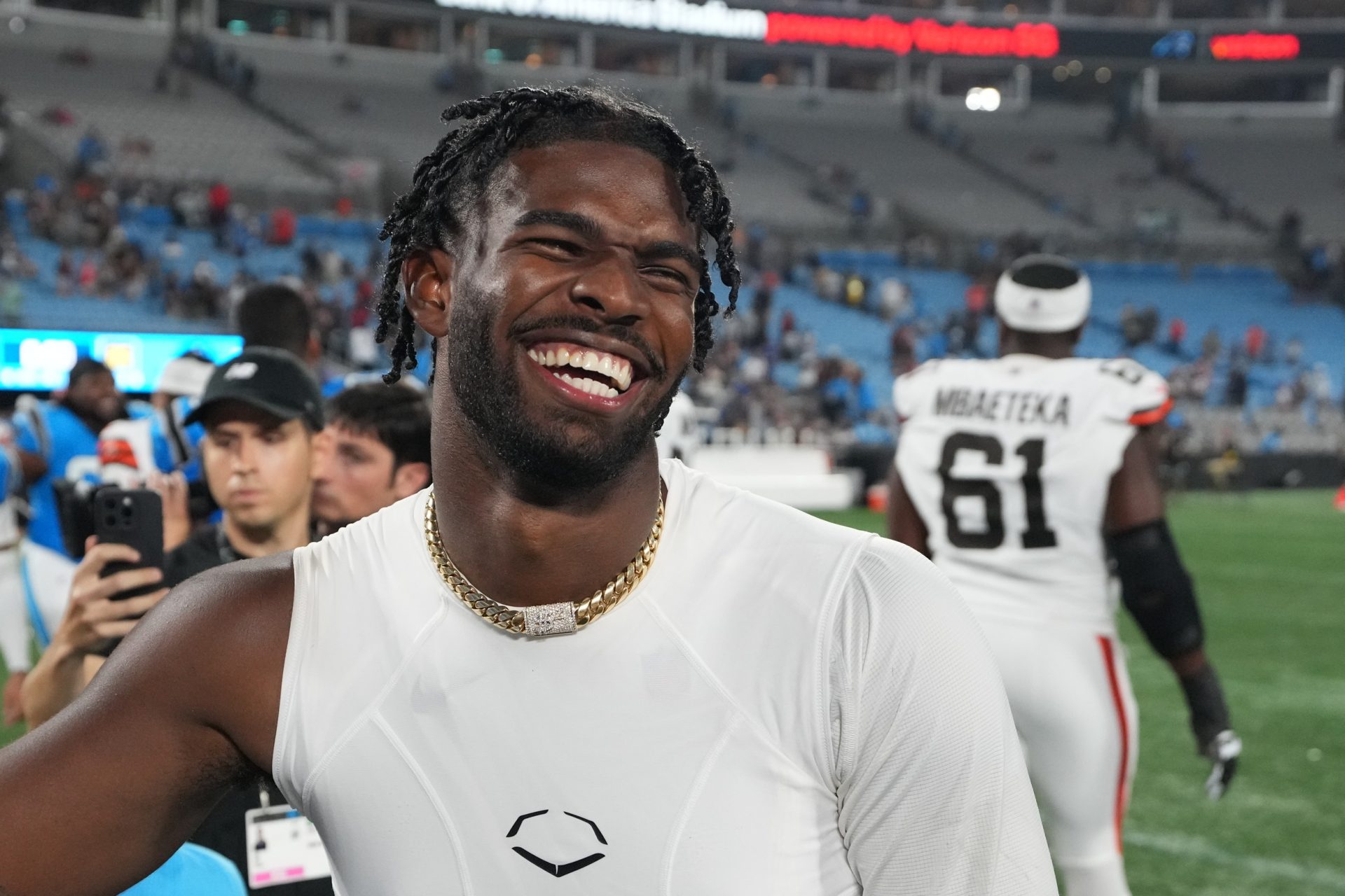 Cleveland Browns quarterback Shedeur Sanders (12) reacts after the game at Bank of America Stadium.