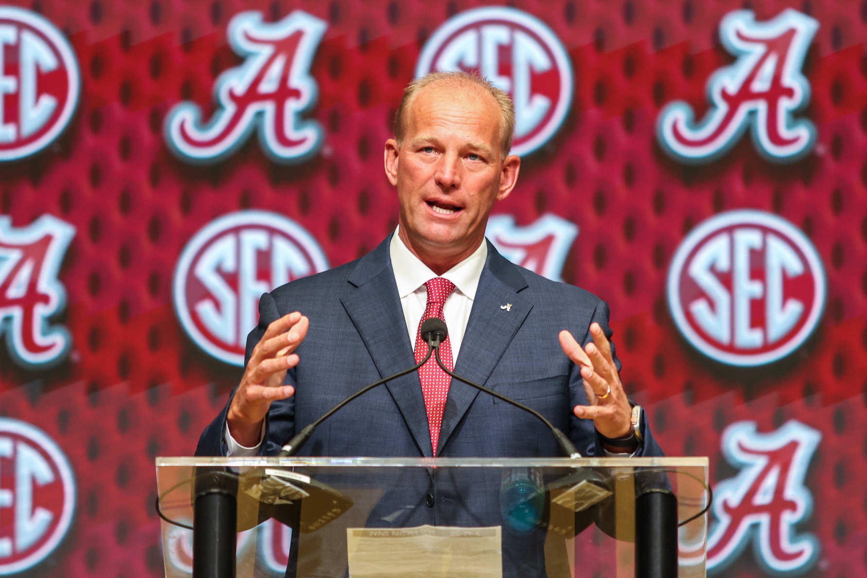 University of Alabama head coach Kalen Deboer talks to the media during the SEC Media Days at Omni Atlanta Hotel.