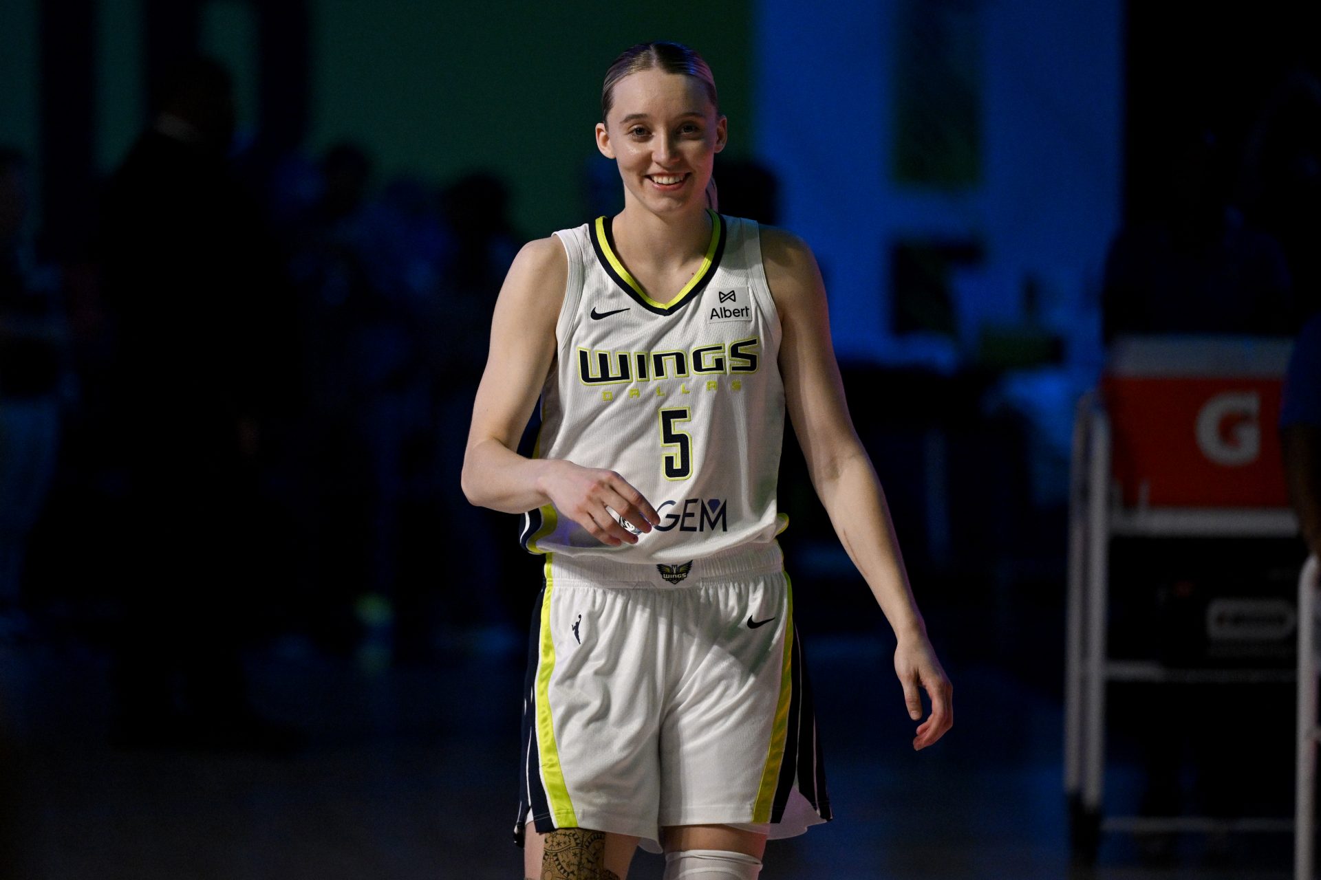 Dallas Wings guard Paige Bueckers (5) walks off the court after the game against the New York Liberty at College Park Center.