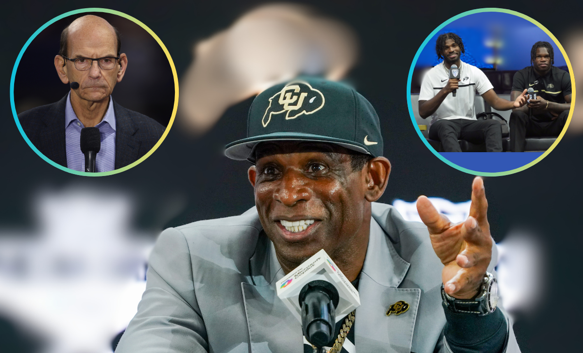 Deion Sanders | Paul Finebaum [L] | Shedeur Sanders, Travis Hunter [R] (@Imagn)