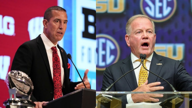 Wisconsin Badgers head coach Luke Fickell and LSU Tigers head coach Brian Kelly. Source: Imagn (Lucas Peltier, Jordan Godfree)